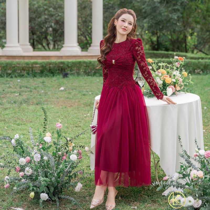   Kiều Linh -Váy Dự Tiệc Thiết Kế Dáng Dài KL825 chất liệu Ren Thêu Hoa Xoắn Ngực phối Chân Váy Lưới 2 Lớp Lót,Giấu ĐƯờng May Kĩ Kèm Charm 