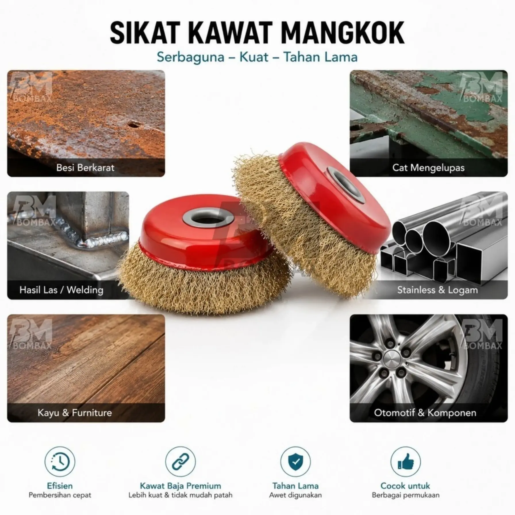 Berkah Jaya Sikat Kawat Mangkok Gerinda 3inch Baja Berkualitas Tinggi untuk Membersihkan Karat Cat & Kotoran Membandel - Bengkel Las & Konstruksi - Besi Logam Bangunan Bangunan Brush