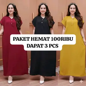 PROMO Daster busui Paket Hemat 100ribu dapat 3pcs formal Simple elegan kringkel panjang semata kaki long Dress Wanita lengan pendek Menyusui Crinkle Kancing Nyaman Ibu Hamil Airflow Airflow Lembut Santai Lembut