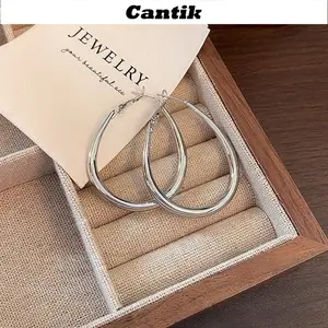 [Cantik]Anting Bulat Besar Permukaan Lengkung Elips Polos Warna Perak Anting Serbaguna Y676