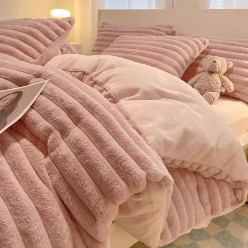 Bộ chăn trần bông + ga gối nỉ nhung lông thỏ kẻ sọc 2025 ĐÃ BAO GỒM CHĂN trần bông ấm áp mềm mịn - Set 4 món