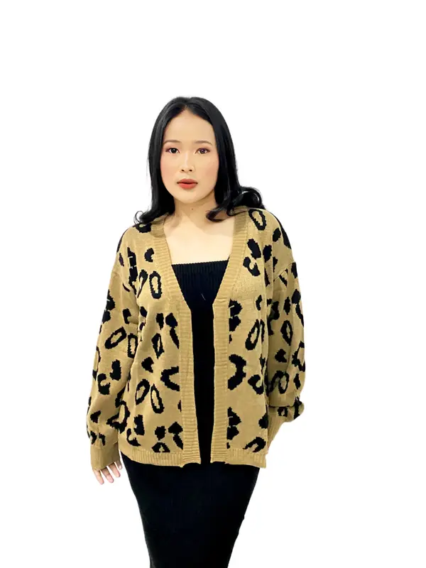 PREMIUM leopard Cardigan Rajut Vintage Cheetah Knitwear Panjang Oversize Outer Atasan Wanita 1
