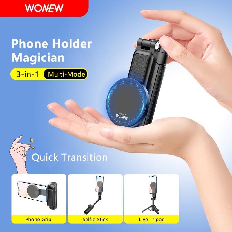 3-in-1 Magnetic Phone Grip，Magsafe phoneholder，Wonew Palm-Size Selfie Stick/Tripod，travel selfie portable，with Bluetooth remote， 1