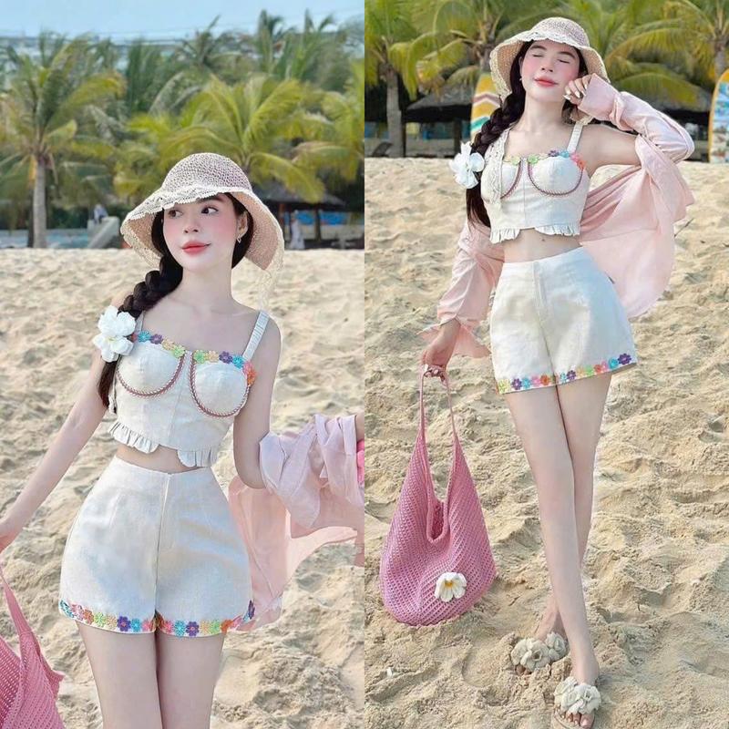 BKN29 (TÁO ĐỎ BIGSIZE 55-90KG) SET 3 MÓN ĐI BIỂN ÁO BRA GẮN HOA + QUẦN SHORT + ÁO SƠ MI