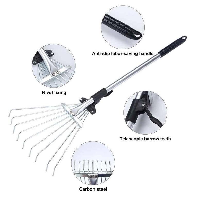 Product Introduction of Grass Rake 9 Teeth Stainless Steel Rake Adjustable Steel Rake With Handle Gardening Rake L6K4 24