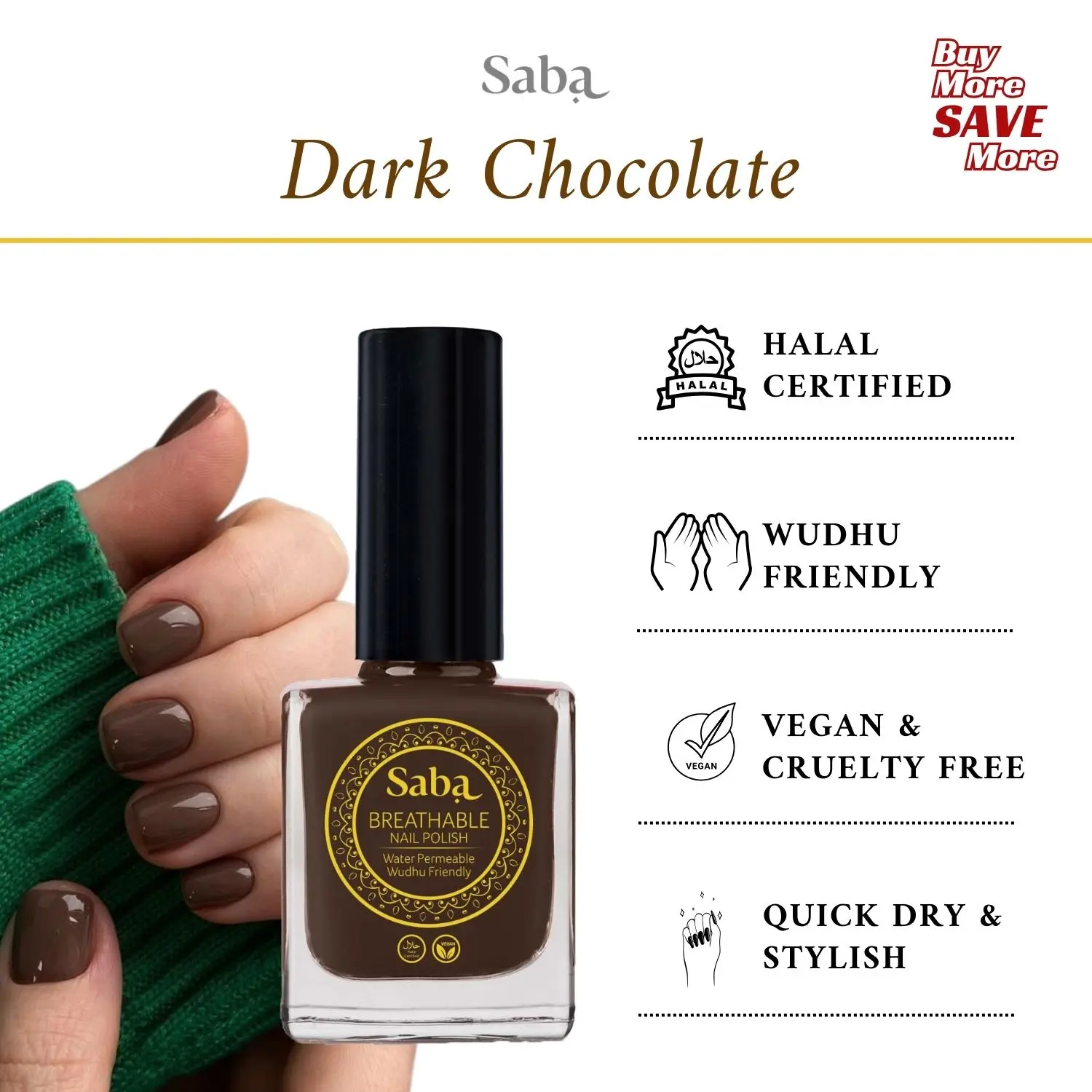 Saba Breathable Nail Polish - Dark Chocolate - Wudhu Friendly, Halal & Vegan certified, Cruelty Free,  Nail Art, Nail Care, Color Cosmetics, French, Smooth Manicure, Moisture Cutics , Dark Brown Color Nails