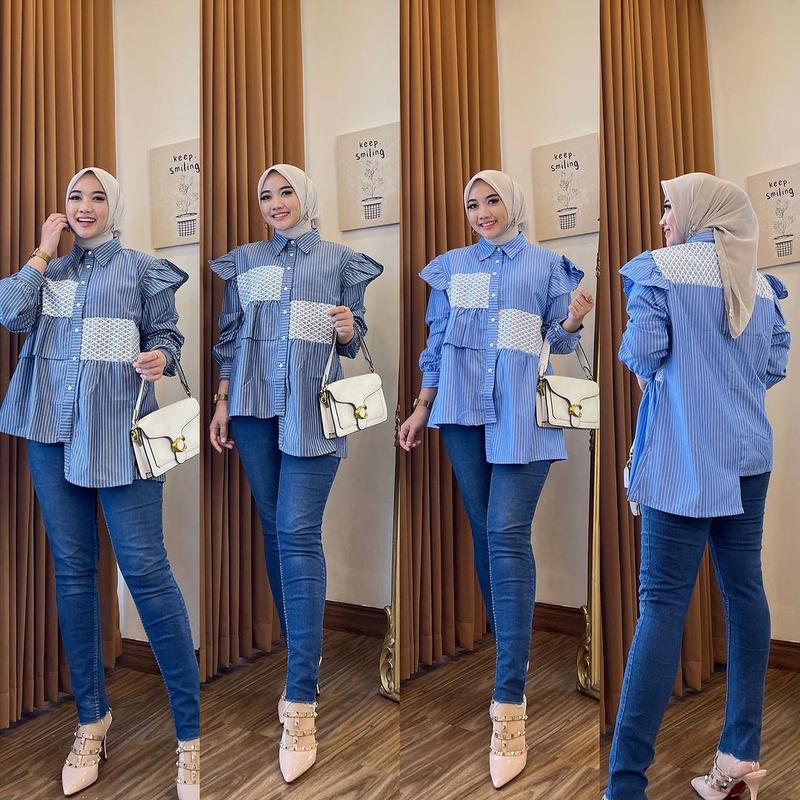 Product Introduction of Kemeja Motif Salur kombi Brukat / Atasan Kemeja Wanita Model Terbari Trendi 2024 / Kemeja Motif Salur Size M L XL Murah Nyaman Katun 4