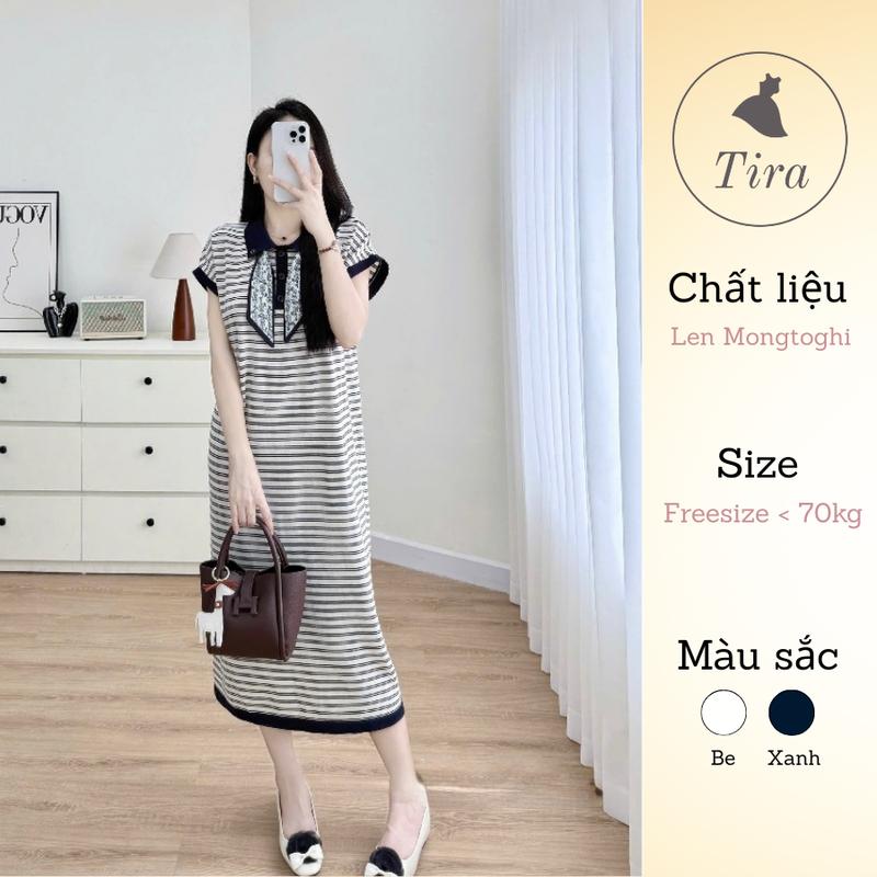   Tira Mama Design M211 Váy len cổ polo Váy suông bầu dáng dài Váy Len Mongtoghi dáng dài kẻ kèm khăn lụa 