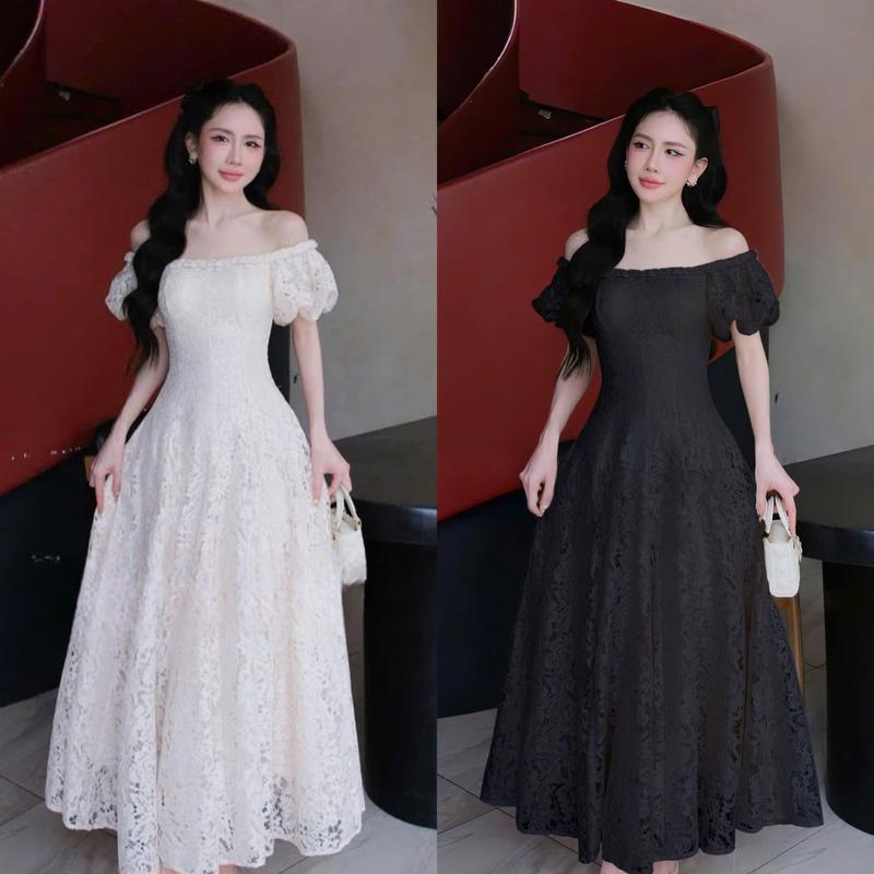 BIGSIZE HIẾU HIẾU (55-95KG) - Váy ren hoa dáng maxi trễ vai tay phồng sang chảnh D479