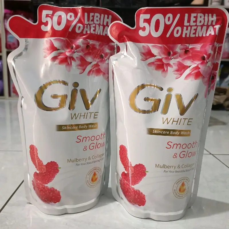 (PAKET 2 POUCH JUMBO) GIV GLOWING WHITE / SMOOTH & GLOW Mulberry & Collagen Sabun Mandi Cair 825ml 1