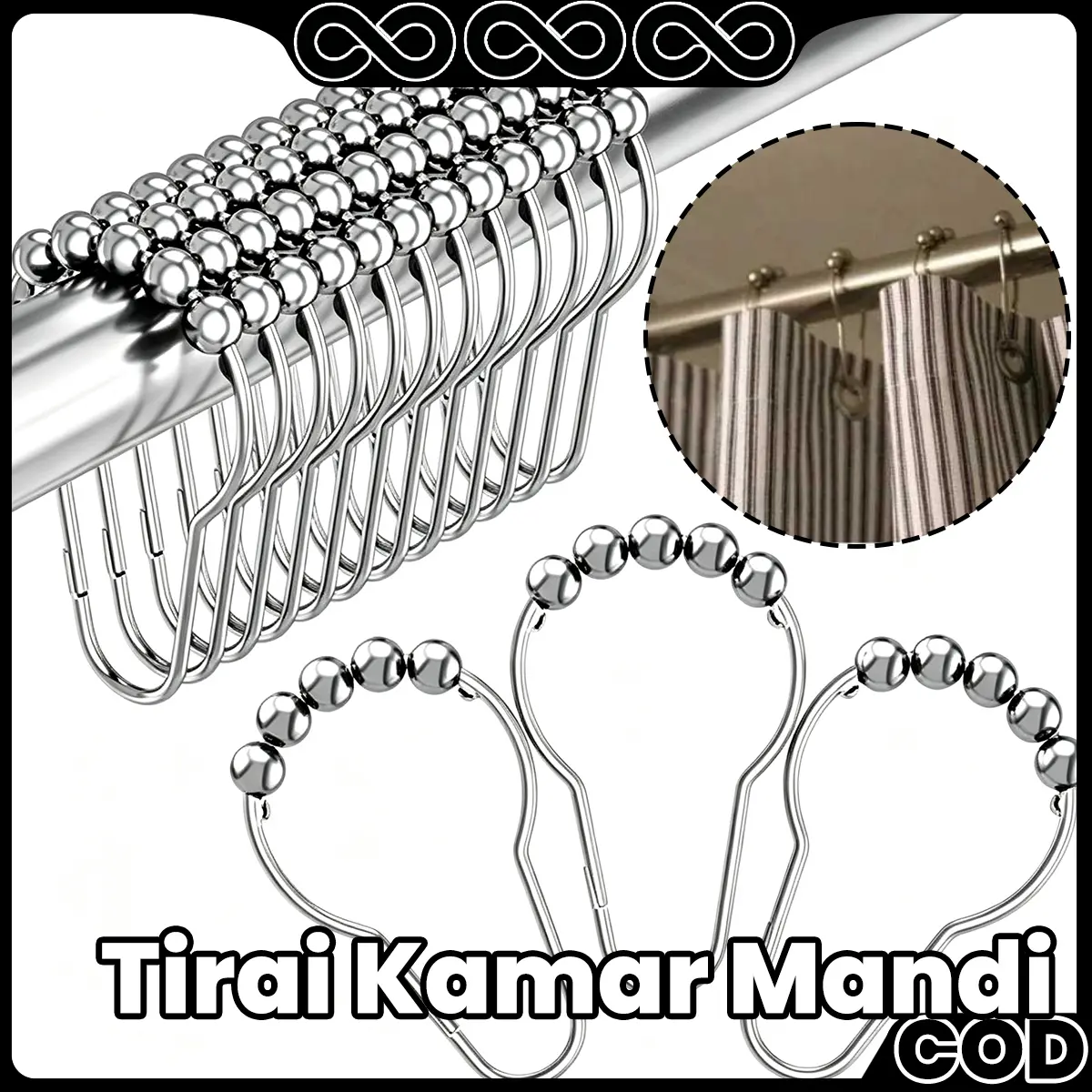 Ring Tirai Kamar Mandi 12Pcs Premium Stainless Steel Anti Karat Kokoh Tahan Lama Rollerball Senyap Cocok Untuk Keluarga Modern | Shower Curtain Ring