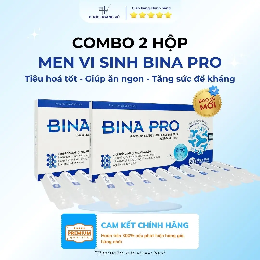 [DHV] COMBO 2 HỘP | Tiêu hóa khỏe, bụng an lành - Men vi sinh BINA PRO | Bổ sung bào tử lợi khuẩn cho người viêm đại tràng - Hỗ trợ giảm viêm đại tràng, táo bón, tiêu chảy | Hộp 20 ống (10ml/ống)