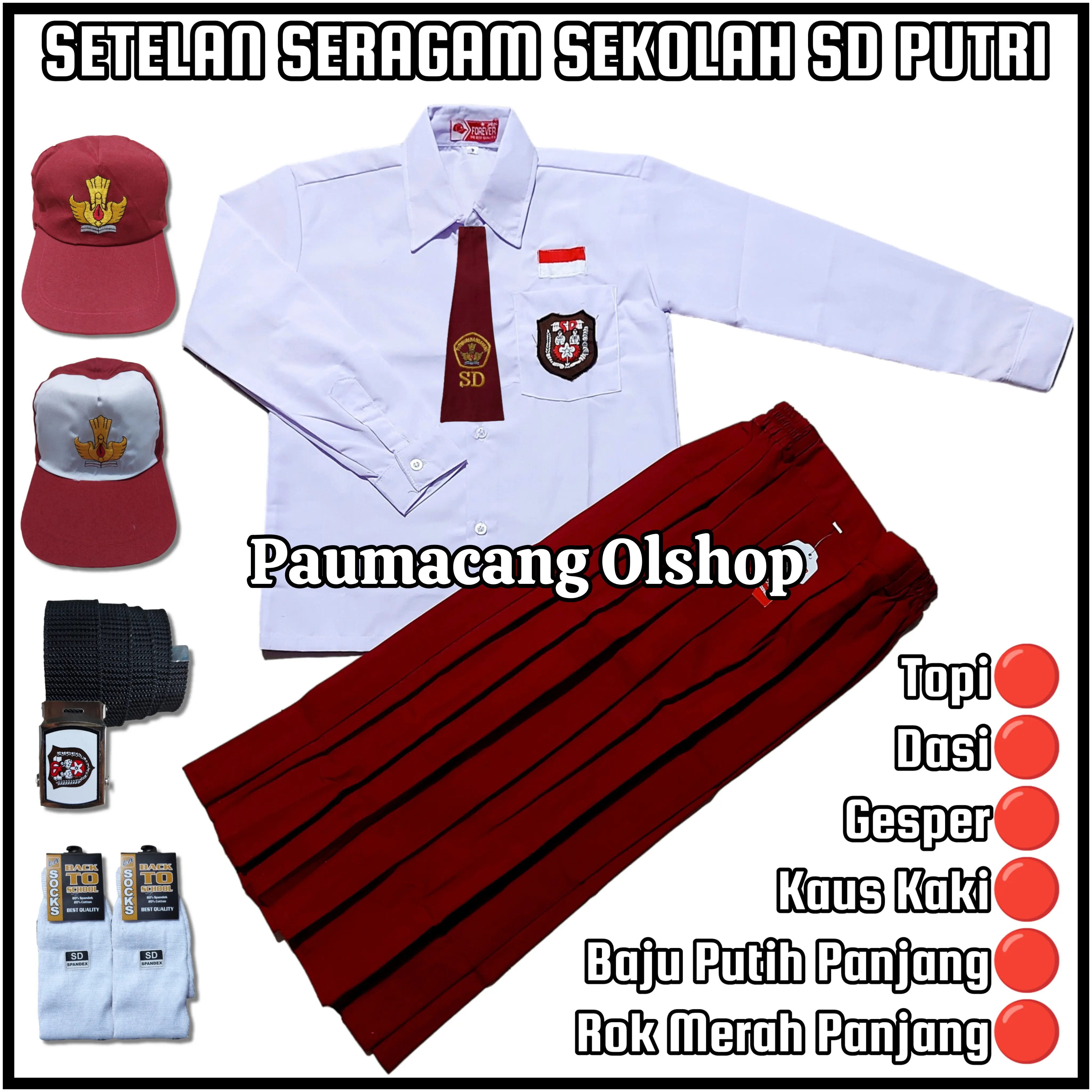 Setelan Seragam Sekolah SD Putri Merah Putih Baju Putih Lengan Panjang Rok Merah Panjang