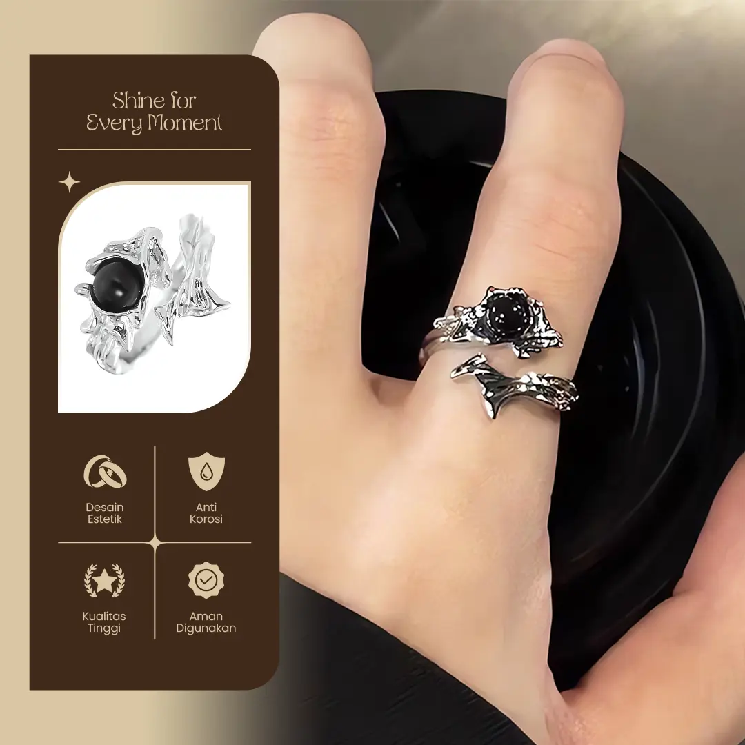 Cincin Wanita Perak Desain Abstrak dengan Batu Hitam Bulat - Elegansi Modern yang Aman dan Berkualitas Tinggi Aksesoris Fashion