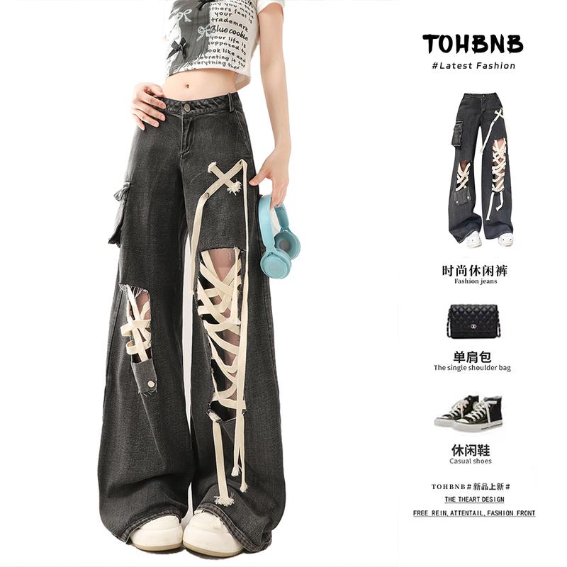  Quần Dài Jean Rách Có Dây Đeo Màu Đen Thiết Kế Đường Phố Cao Cấp Mỹ Hàng Mới Về Mùa Hè Ống Rộng Dáng Rộng Rãi Và Bó Sát Đuôi Kéo Quần Ống Đứng 