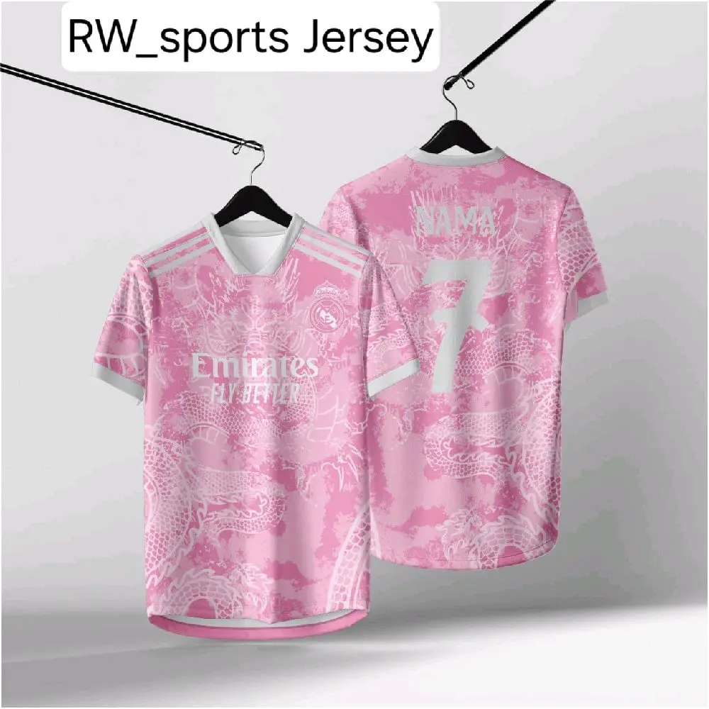 JERSEY REAL MADRID PINK BAHAN DRYFIT FULL PRINTING GRATIS NAMA DAN NOMER PUNGGUNG.