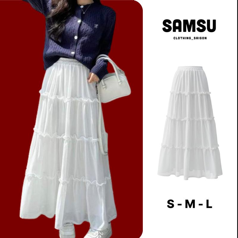 Chân váy xoè 2 tầng 3 tầng dáng dài màu trắng phong cách Hàn Quốc chất đũi dày dặn Samsu.clothing_saigon Nữ Women Voan