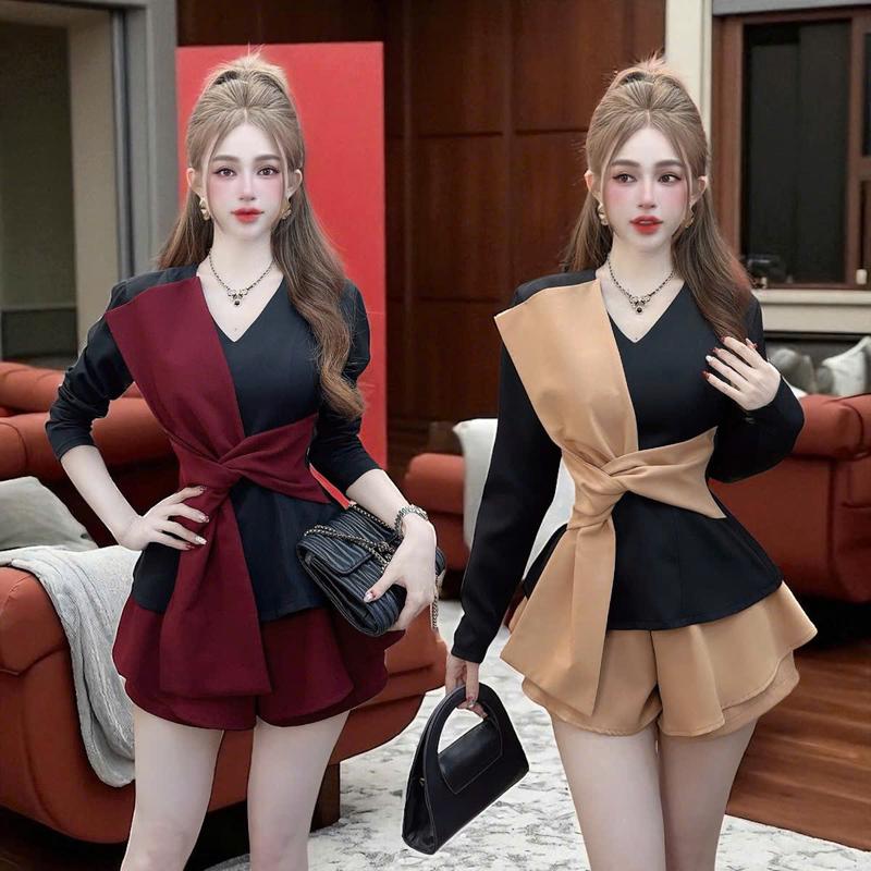 Set áo quần váy CRAZYTEEN S6422 gồm áo kiểu tay dài và quần váy để đi chơi ( Áo kiểu/ Quần váy ) Set đồ nữ đẹp