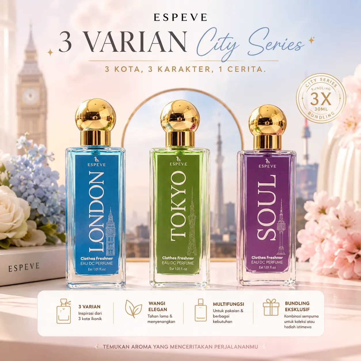 PROMO BELI 1 DAPAT 3 Varian City Series by ESPEVE Parfum 30ml - Aroma Segar Tahan Lama Pria Wanita Uniseks