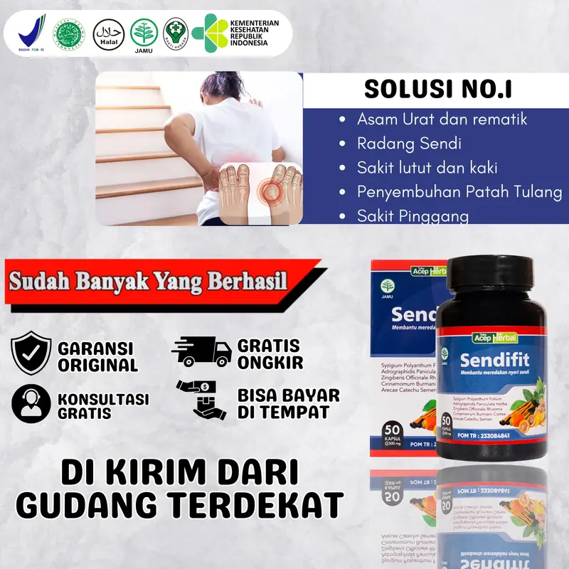 Kapsul Sendifit Herbal Untuk Asam Urat, Nyeri Sendi Lutut, Tulang Syaraf Kejepit, Tulang Belakang, Pinggang, dan Ekor Encok Sudah BPOM & HALAL MUI 0