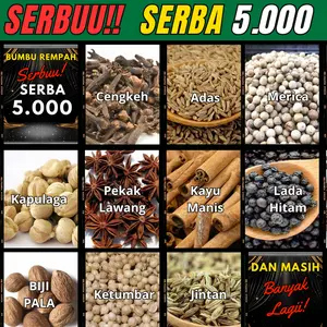 SERBU ! SERBA LIMARIBU - Aneka Rempah Nusantara kemiri, merica, lada, jintan, adas, ketumbar, bunga lawang, kapulaga, sedap malam, klabet, rosemary, parsley, geganti, kemukus, kayu manis, kapulaga india,temulawak, jahe, kunyit