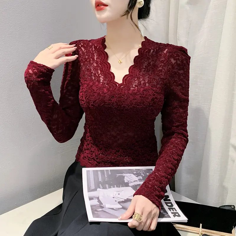 Áo Lớp Nền Ren Cổ Chữ V, Dành Cho Nữ, Bộ Sưu Tập Mùa Thu Và Mùa Đông, Hàng Mới Về, Dáng Ôm, Ngắn, Áo Màu Đỏ, Phong Cách Hàn Quốc, Áo Sơ Mi Tay bồng, Thiết Kế khoét