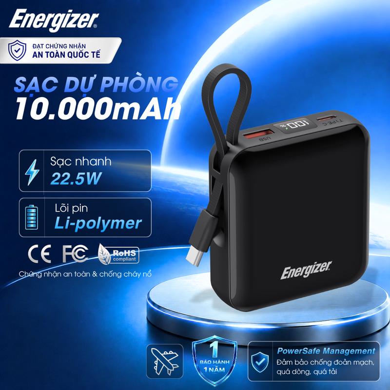Sạc Dự Phòng Kèm Dây Cáp Energizer 10000mAh Sạc Nhanh PD 22.5W, , BH 1 Năm