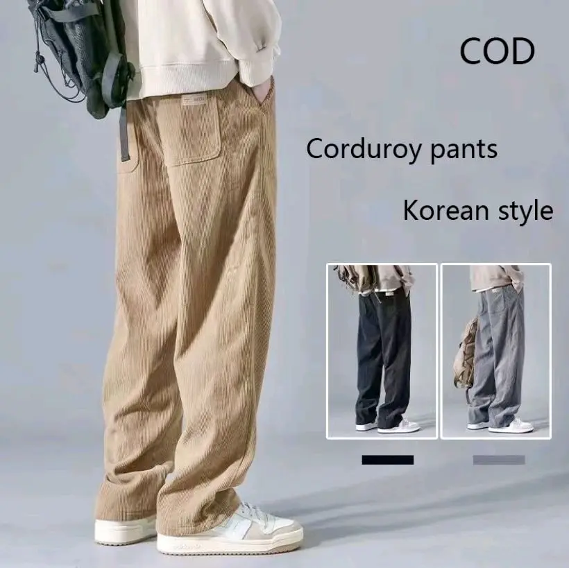 Celana Panjang Pria Corduroy Baggy Straight Dewasa Casual Pinggang Karet Cowok Korean Style Quality Premium Katun Remaja Nyaman Santai