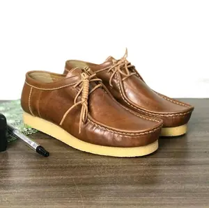 Sepatu Kasual Pria Kulit Asli Model Tali Warna Coklat Muda Original Brand Formal Kerja Santai Round Toe Hak Datar