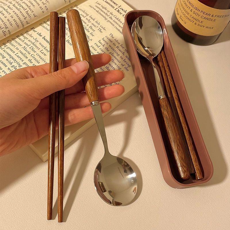 Bộ thìa đũa cán gỗ tự nhiên kèm hộp đựng cao cấp, dụng cụ ăn uống văn phòng, mang đi học, du lịch tiện lợi HT SHOP DN296
