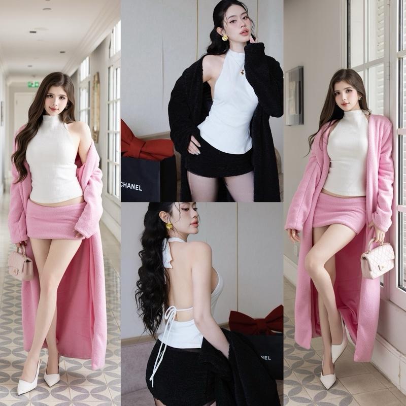  G.U - LUXE SHEARLING SET - Set lông cừu gồm áo yếm khoe lưng Mini Skirt lông cừu Áo khoác dáng dài lông cừu Nữ Women Top 