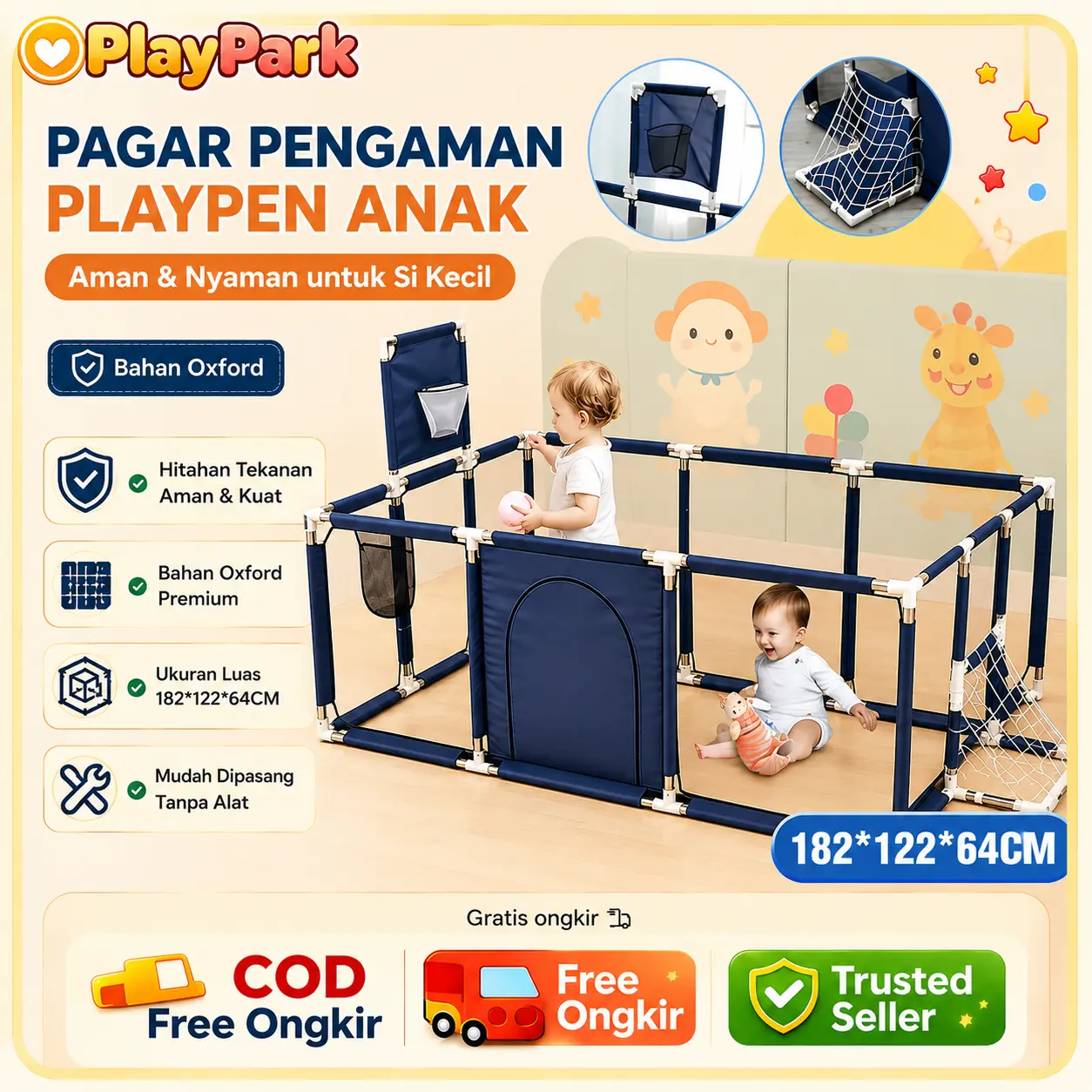 [Diskon Ongkir] Playpen Bayi / Pagar Bayi – Baby Playpens Warna Biru & Merah, Cocok untuk Mainan Bayi, Aman & Praktis, Mudah Dipasang & Disimpan