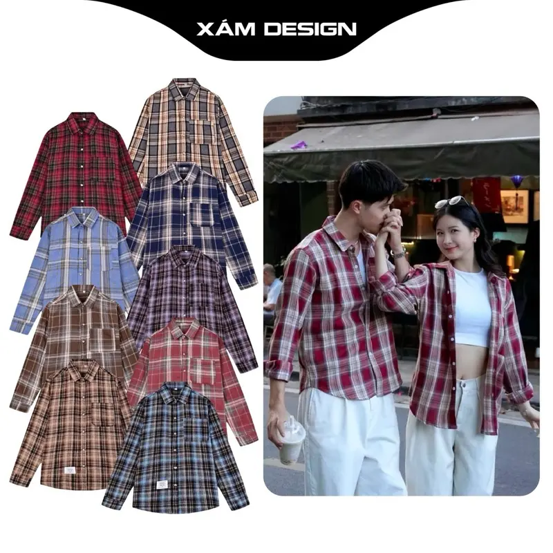 Áo Sơ Mi Kẻ Caro Flannel Nam Nữ Dài Tay Mix Túi Ngực Phong Cách Thời Trang Trẻ Trung Năng Động . Menswear Shirt Có Cổ