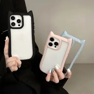 Korean Cute 3D Cat Ears Silikon Akrilik HP Case Seri iPhone 15 14 13 12 11 Pro Max Casing Lucu Kartun Shockproof Soft Transparan Cover