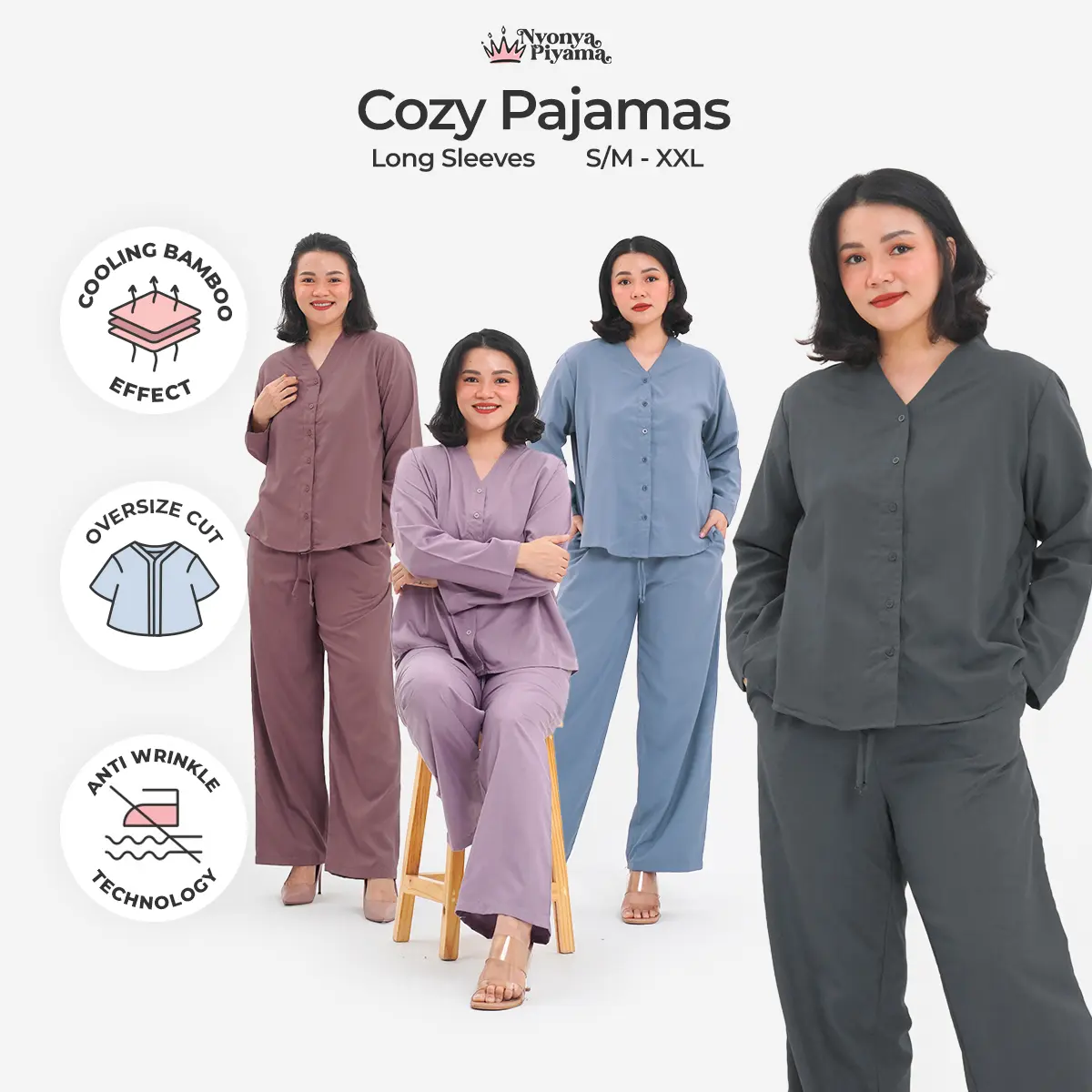 [BEST SELLER] Nyonya Piyama Poly Bamboo Oversized Cozy Set Lengan Panjang Polos Baju Celana Wanita Basic Tidur Dewasa Nyaman