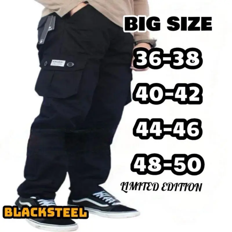 CELANA CARGO PRIA JUMBO SIZE 36 38 40 42 44 46 48 PANJANG KUALITAS PREMIUM /CELANA CARGO JUMBO PANJANG KUALITAS PREMIUM Katun Chino Dewasa Hitam