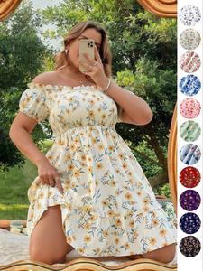 Vestido de talla grande con estampado floral y hombros descubiertos, Vestido boho romántico con dobladillo con volantes y fruncido para vacaciones en la playa, Ropa de verano para mujer