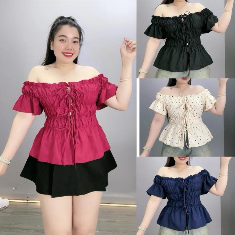 58 đến 92kg áo kiểu bigsize nhún trễ vai cột dây tay loe xinh xắn cho nữ A295