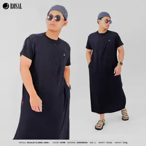 Rojulat Classic ROSAL Hitam - Rompi Sholat Pria Panjang Seperti Jubah Gamis Kerah Oblong Bahan Katun Supernova Nyaman Syar'i