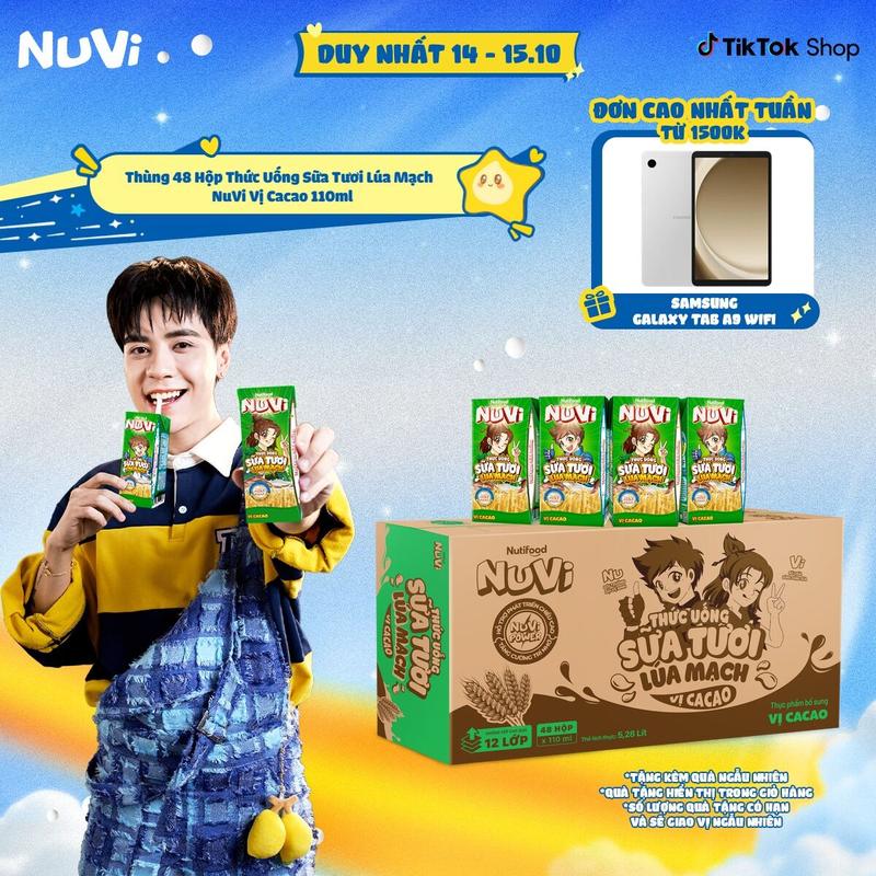 Thùng 48 Hộp Thức Uống Sữa Tươi Lúa Mạch NuVi Vị Cacao 110ml
