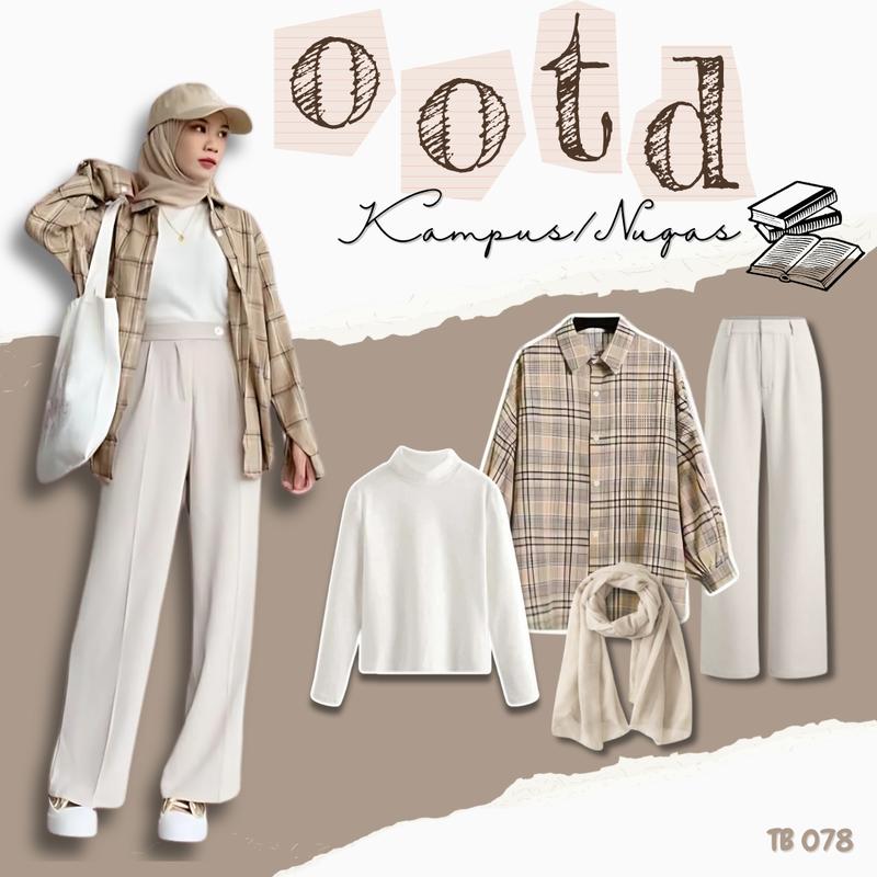 Product Introduction of Setelan baju Wanita OOTD Kampus/Nugas Kekinian 4 In 1 (Kemeja Kotak-kotak, Inner Manset, Celana Ivory, dan Hijab) TB 078 1