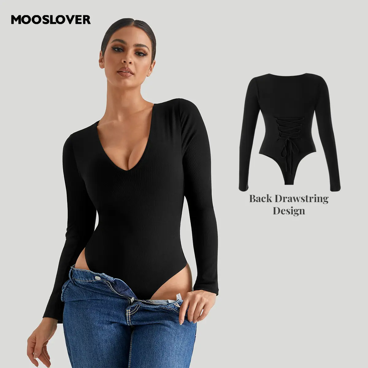 Mooslover Women's V Neck Back waist drawstring Shapewear Slim Fit Bodysuit Sculpt Your Silhouette Stretch Classic Comfort Style Essential