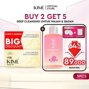 [BUY 2 GET 5] KIME LUMINIZING JEJU BRIGHTENING SOAP 200GR + [NEW] PINK POME TONER 270 ML + FREE COTTON PADS + JARING SABUN | Paket Sabun Mandi Pemutih Badan Toner Pencerah Wajah Exfoliasi Pencerah Tubuh Kulit Kusam Flek | Niacinamide AHA BHA PHA Phantenol