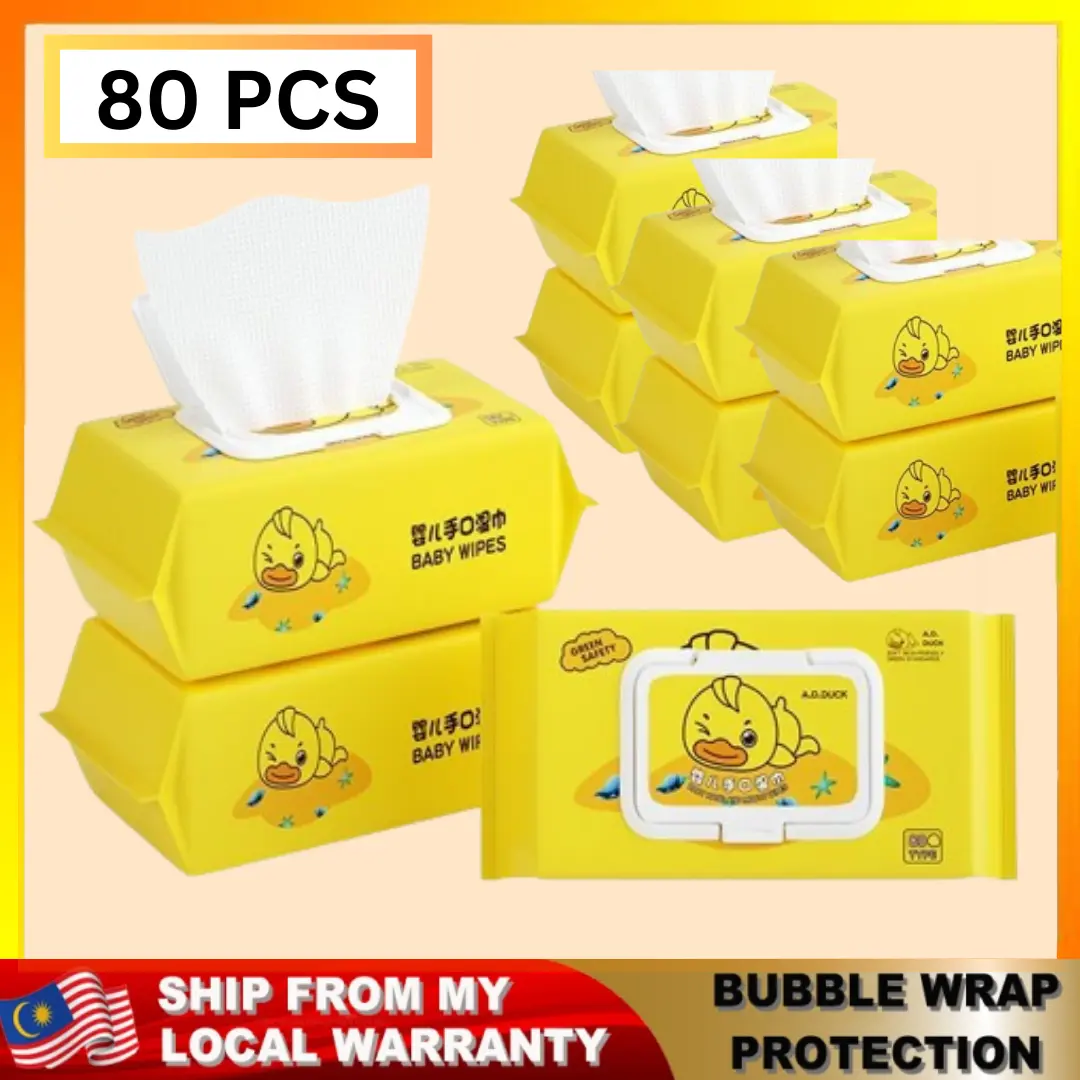(Without Container)1 Packet 80Pcs Cute Cartoon Duckling Baby Wipes Baby Paper Towels Cleaner Tisu Tissue Remover