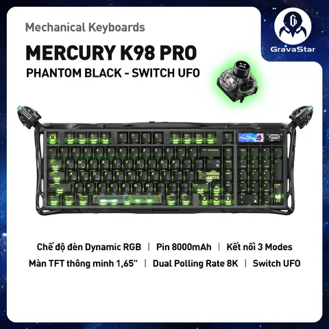 Bàn phím Gaming Gravastar Mercury K98 Pro Phantom Black - 98% Layout, Smart Screen 1.65", Switch UFO