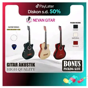 NEVAN Gitar Akustik Pemula Termurah Body Ful MRANTI Neck Mahogany Super Fret Kuningan Bonus Senar Cadangan Pick Cantik dan Packing Kayu