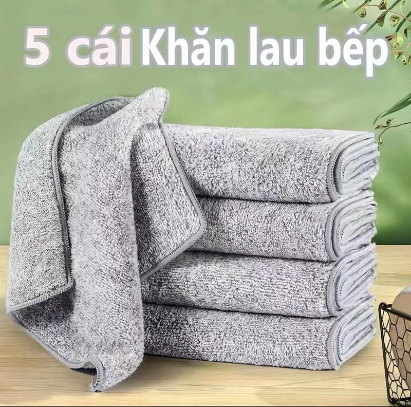 Sét 5 Khăn Lau Bếp Đa Năng 2 Mặt Than Tre KT 20 x 20cm - Siêu Mềm Hút Nước