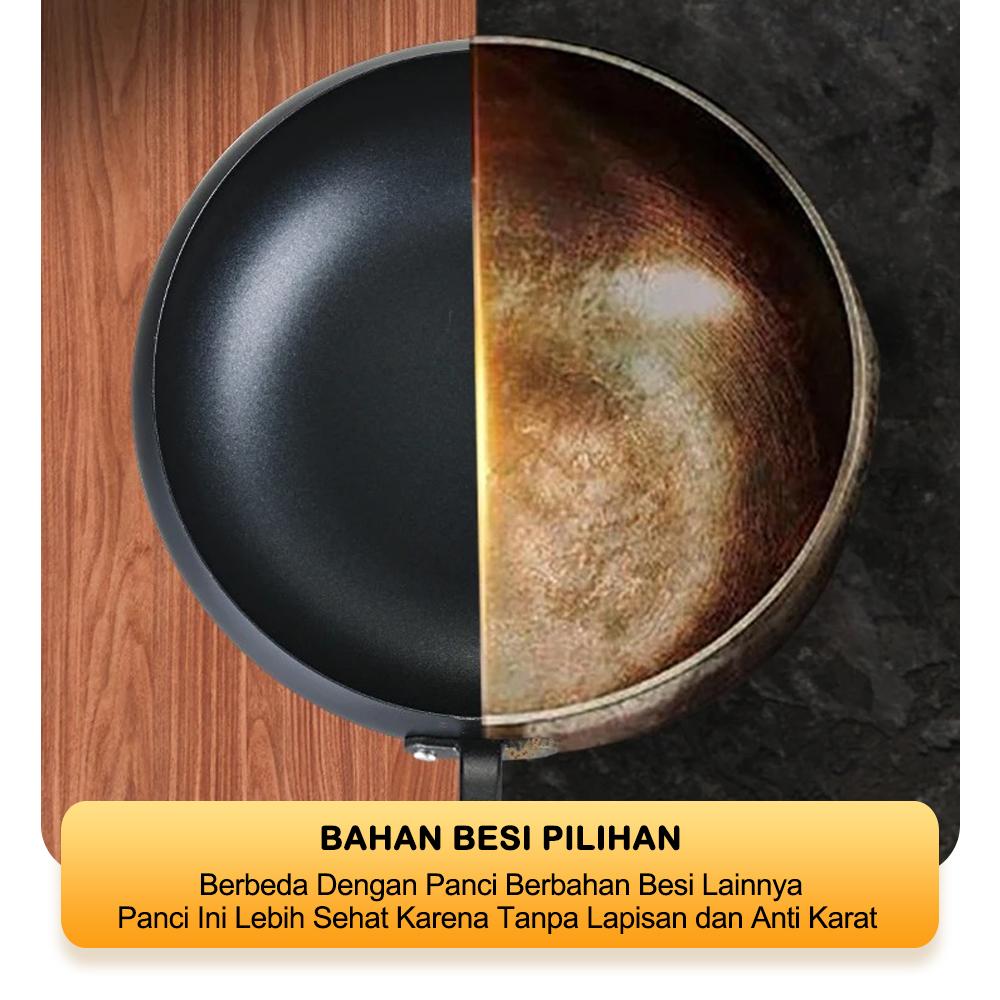 [PROMO BULAN INI] TEXANIA Panci Besi Non-Coating Anti Lengket Gagang Kayu Tutup Kaca Diameter 24cm Kitchenware