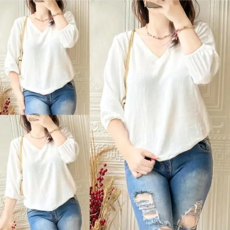ATASAN WANITA BLOUSE ASFA ,CRINKLE AIRFLOW- VINEX Baju Top Dewasa Crop Basics White Cewek Remaja Casual Oversize lengan 3⁄4 bukan kemeja Panjang Linen Katun Pendek 7