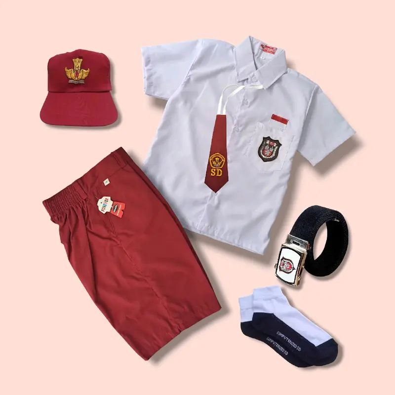 Setelan Seragam Sekolah Merah Putih  SD Anak Laki-Laki Baju Putih Lengan pendek Celana Merah Pendek 1